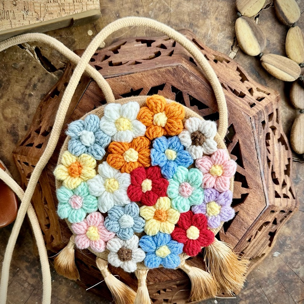Boho Handmade round woven and crochet beach bag. Crossbody granny core bag
